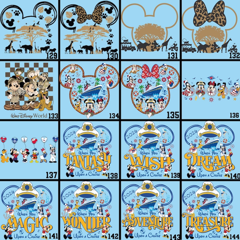 May include: A collection of Disney-themed designs on a light blue background. The designs include Mickey Mouse ears, safari scenes, cruise ship illustrations, and various Disney characters. Some designs feature text like "FANTASY" and "WISH".