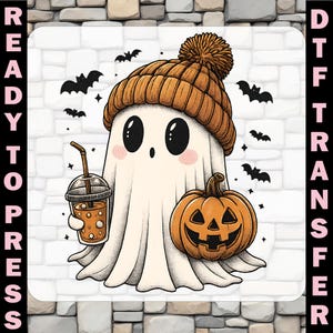 Cute Ghost Dtf, Ghost Pumpkin Ready To Press, Funny Halloween Heat Transfer, Ghost Drink Coffee Iron On, Spooky Season, Women Halloween