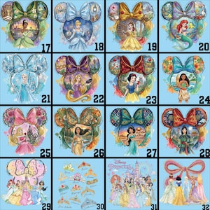 May include: A collection of Disney Princess-themed designs, each featuring a princess within a Mickey Mouse ear silhouette. The designs include various princesses like Cinderella, Ariel, and Snow White, with vibrant colors and detailed artwork. The background is a light blue.