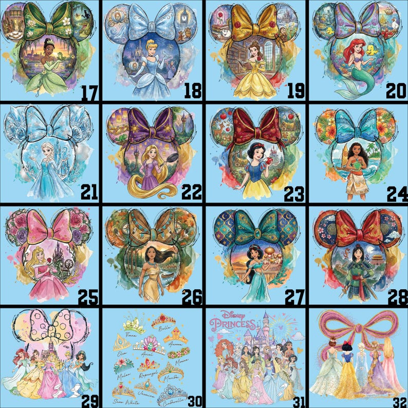 May include: A collection of Disney Princess-themed designs, each featuring a princess within a Mickey Mouse ear silhouette. The designs include various princesses like Cinderella, Ariel, and Snow White, with vibrant colors and detailed artwork. The background is a light blue.