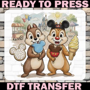 May include: DTF transfer featuring Chip and Dale with treats in front of a theme park backdrop. One holds a blue Mickey Mouse-shaped popsicle, the other a Mickey Mouse ice cream bar and a soft-serve cone. The words "READY TO PRESS" and "DTF TRANSFER" are at the top and bottom.