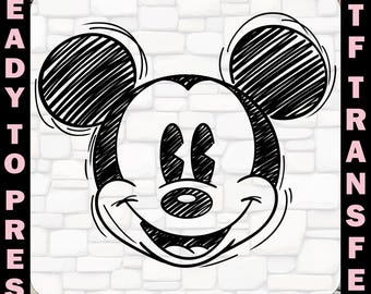 May include: Black and white sketch of Mickey Mouse's face, featuring large round ears and a smiling expression. The image is labeled "READY TO PRESS" on the left and "DTF TRANSFER" on the right, indicating a heat transfer product.