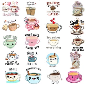 Puede incluir: Una colección de ilustraciones coloridas de estilo caricatura de tazas de té y tazas con varios diseños y texto. Las imágenes incluyen frases como "Sugar to my Tea", "Tea Time" y "Tea First".