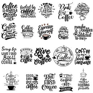 Może przedstawiać: Kolekcja czarno-białych wzorów o tematyce kawowej z różnymi cytatami i frazami. Projekty zawierają teksty takie jak "Coffee and Chaos", "Espresso Yourself" i "Give me coffee".