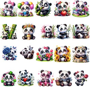 May include: A collection of colorful illustrations featuring adorable panda bears in various poses. Some pandas wear bows, flowers, or hats, and are surrounded by balloons, flowers, and bamboo. The pandas are depicted in a cute, cartoon style.