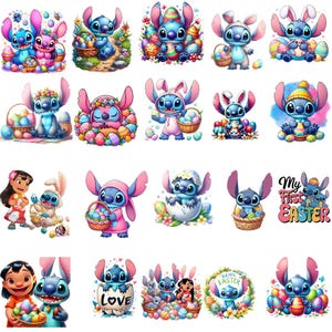 Könnte beinhalten: Eine Sammlung farbenfroher digitaler Illustrationen mit der Figur Stitch aus Lilo & Stitch, die Ostern feiern. Stitch wird mit Ostereiern, Körben und Hasenohren in verschiedenen Posen und Umgebungen dargestellt. Einige Bilder enthalten den Text "My First Easter" und "Happy Easter".