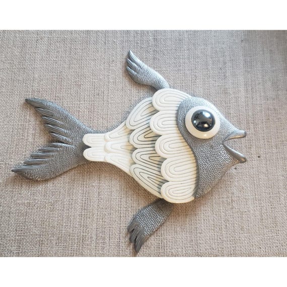 Vintage Articulated Fish Pendant Silver Tone with White Fish Flaw
