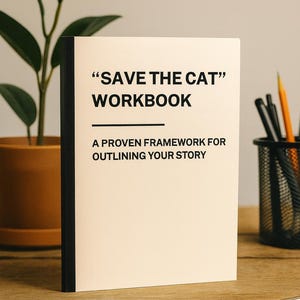 Op de afbeelding: Een werkboek getiteld "SAVE THE CAT" met de ondertitel "A PROVEN FRAMEWORK FOR OUTLINING YOUR STORY" wordt weergegeven op een houten oppervlak. Het boek heeft een crèmekleurige kaft met zwarte tekst en een zwarte rug. Een potplant, pennen en een potlood zijn ook zichtbaar.