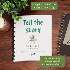 May include: A spiral-bound book titled "Tell the Story" with the text "Book of Acts" and "14-Week study." The book is 7" x 8.5" and includes information about the study's structure. A notebook and greenery are in the background.