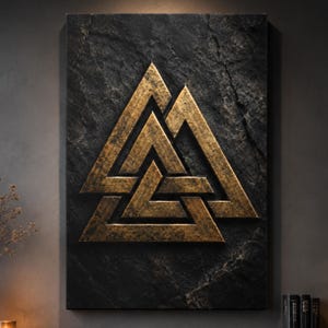 May include: A rectangular wall art piece featuring a textured black stone background with a prominent gold Valknut symbol centred on the surface. The gold design displays a weathered, metallic finish with three interlocking triangles in a geometric pattern.