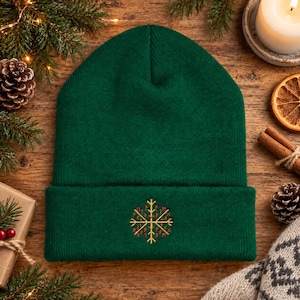 Viking Beanie – Embroidered Runic Snowflake Hat, Norse Mythology Clothing, Asatru Yule Gift