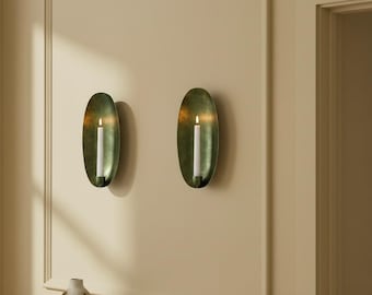 Set of 2 Oxidized Brass Oval Candle Wall Sconces, Green Patina Verdigris Moroccan Holders, Rustic Boho Vintage Lighting