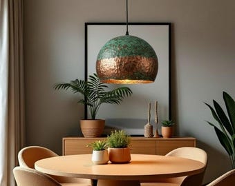 Handgemachte Marokkanische Messing Kuppel Pendelleuchte: Oxidierte grüne Patina, gehämmertes Kupfer