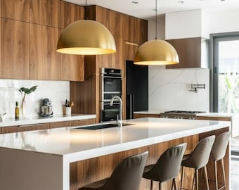 Set of 2 Handmade Brushed Brass Dome Pendant Lights, Kitchen Island Lighting