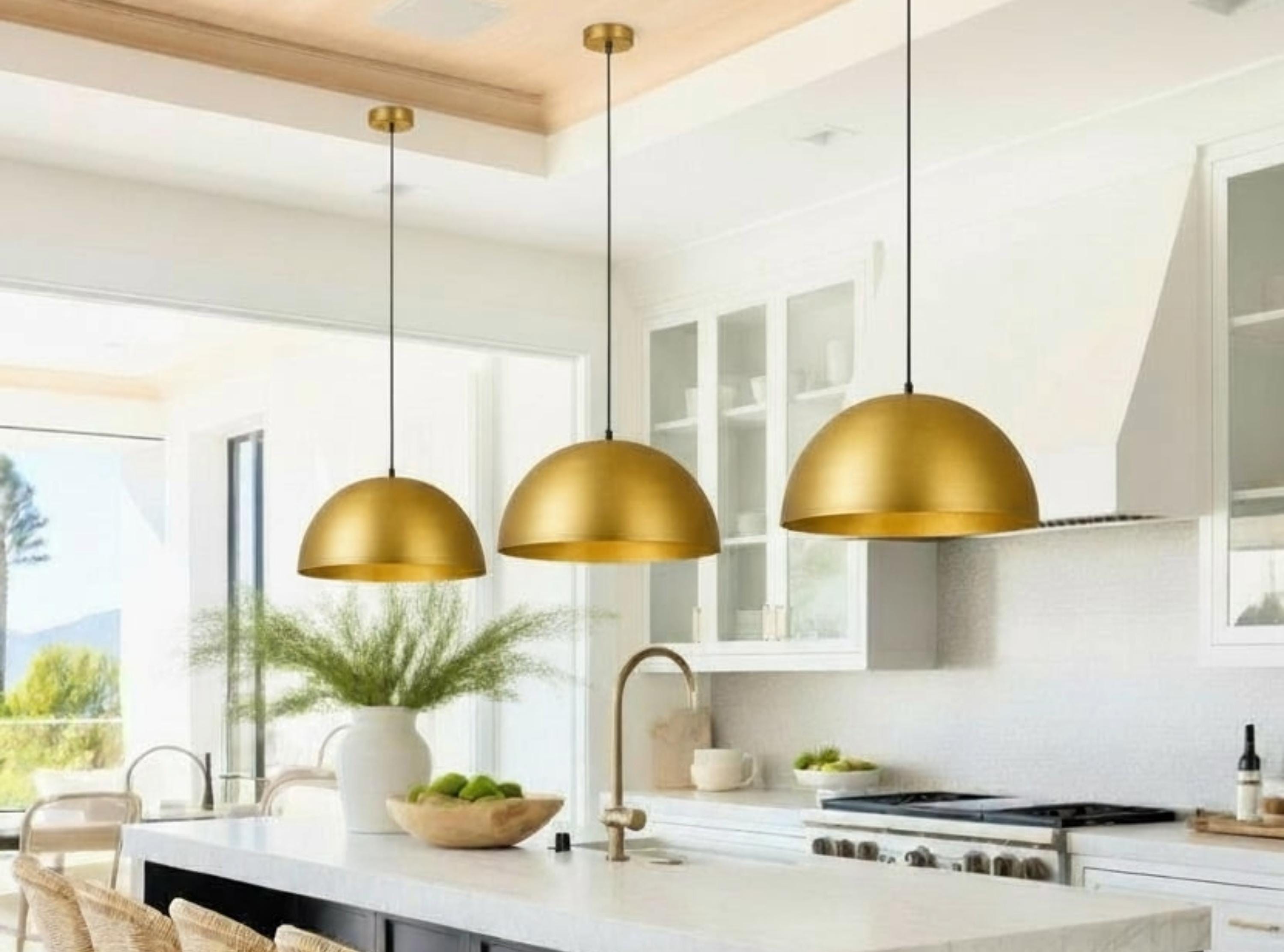 Set of 2 Brushed Brass Dome Pendant L...