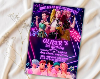 K-Pop Dämonenjäger Einladung, Kpop Anime Party Theme, EdDemon Hunters Einladung, KPOP Dämonenjäger Geburtstagseinladung.