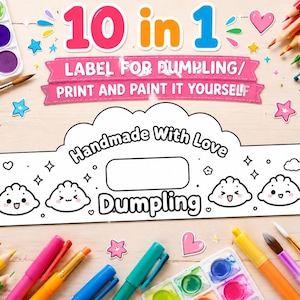 Op de afbeelding: Een printbaar papieren label-sjabloon voor dumplings met een zwart-wit omtrekontwerp met cartoongezichtjes, hartjes en de tekst "Handmade With Love" en "Dumpling", omringd door kleurrijke aquarelverf en kleurpotloden.