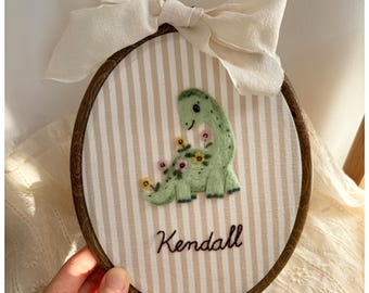 Custom Felted Dinosaur Nursery Wall Art, Needle Felt Animal Decor Baby Name Sign, Handmade Embroidered Keepsake, Toddler Room Wall Hanging