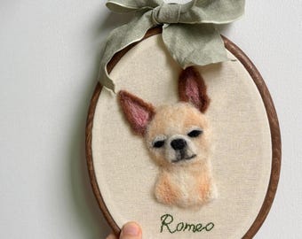 Custom Needle Felted Chihuahua Pet Portrait Art, Personalized Pet Memorial Gift, Felt Pet Embroidery Hoop, Pet Name Sign, Cat Loss Gift