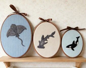 Vintage Felt Ocean Theme Nursery Wall Art, Custom Baby Name Sign, Handmade Embroidered Hoop, Baby Room Decor