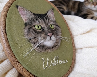Custom Needle Felted Cat Memorial Embroidery Hoop, Personalized Cat Loss Gift, Handmade Cat Wall Art