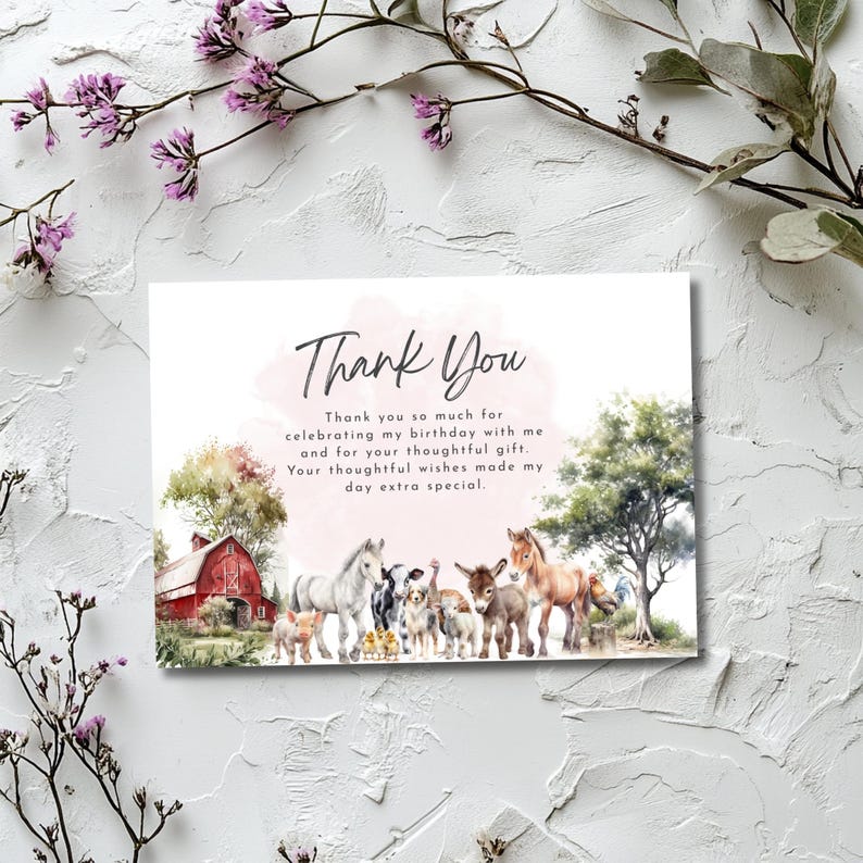 Farm Animals Birthday Thank You Card and Favor Tags (digital Download ...