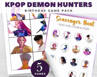 K-Pop Demon Slayer födelsedagskalasspelpaket | Aktivitetspaket för barnkalas | Direkt nedladdning | Redigerbar Canva-mall | Digital nedladdning