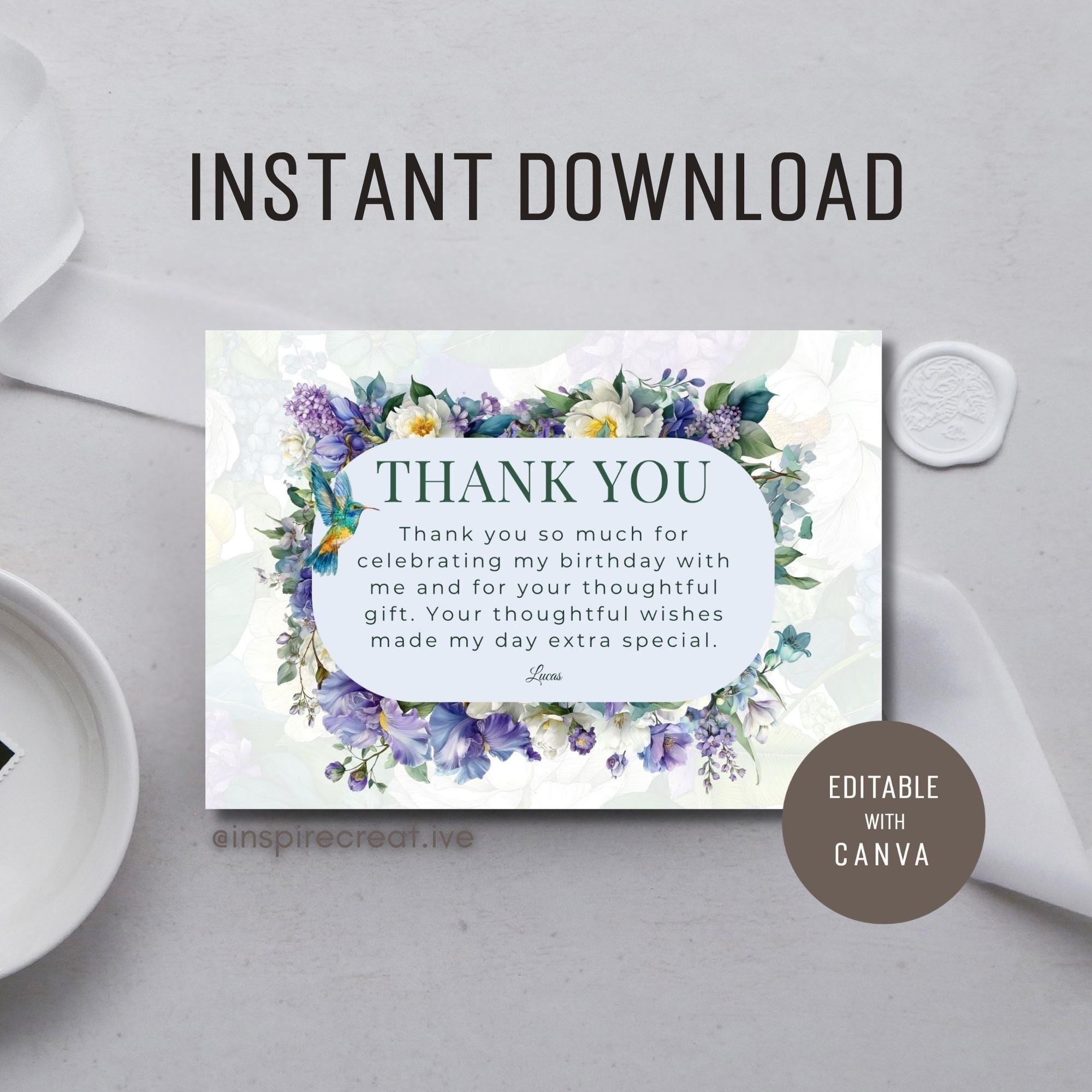 Forest Floral Birthday Thank You Card | Editable Canva Template ...