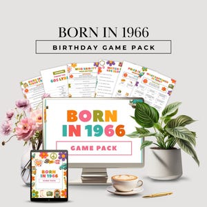 May include: A Born in 1966 birthday game pack featuring printed game sheets, a computer monitor, and a tablet displaying the same title. The design includes colorful flower graphics, retro icons, and text. A coffee cup and pen are also present.