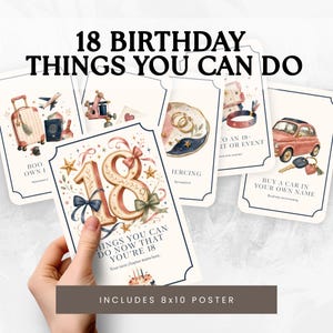 Könnte beinhalten: Ein Set weißer rechteckiger Karten mit dunkelblauem Rand, die Aquarellillustrationen und Text zum 18. Geburtstag zeigen. Die Karten zeigen Gegenstände wie einen Koffer, eine Tätowiermaschine, Schmuck und ein Auto, mit dem Text 18 BIRTHDAY THINGS YOU CAN DO.