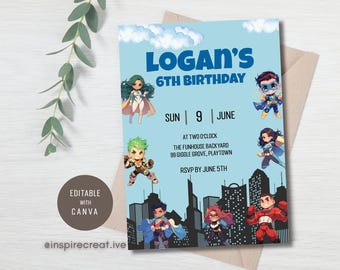 Editable Superheroes 6th Birthday Invitation | Kids Party Invite Template | Superhero Bday Card - ICT011