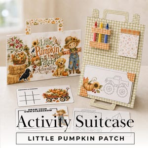 Maleta de actividades imprimible para la aventura en el huerto de calabazas / Caja de actividades de otoño para niños con portalápices / Descarga instantánea de otoño - ICTS005