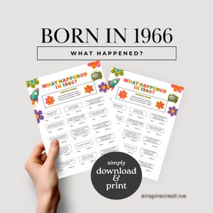 May include: Two identical white paper game sheets titled What Happened in 1966 with instructions to circle real or made up events. The sheets feature colorful retro graphics including flowers, a rocket ship, and a television set. The text is black.