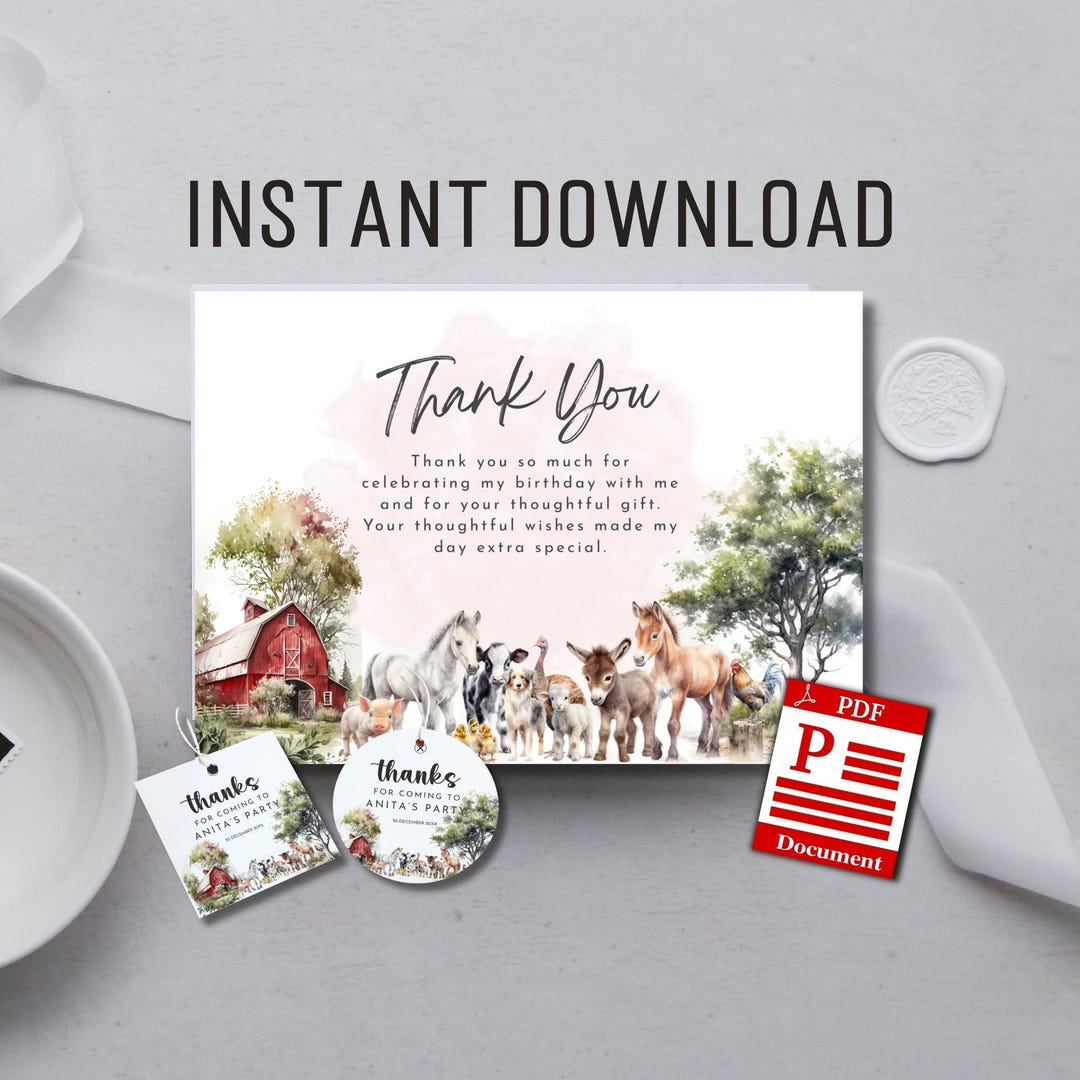 Farm Animals Birthday Thank You Card and Favor Tags (digital Download ...