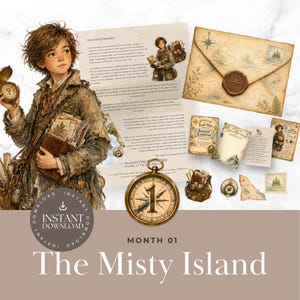 May include: A digital kit featuring an illustration of a young explorer, a letter addressed to a new explorer, a map-themed envelope with a wax seal, a compass with the number one, and various small cards and paper ephemera labelled Month 01 The Misty Island.