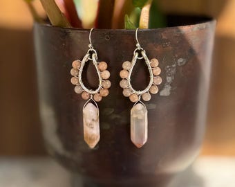 Quartz and Sunstone Dangle Earrings: Silver, Hammered, Wire-Wrapped, Neutral