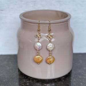 White and Gold Pearl Earrings | Freshwater Pearl Dangle Earrings | Wire-Wrapped Earrings