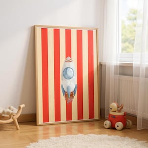 Kids rocket poster, Retro Kids Room Art, Unique nursery art, Ideal for Nursery, playroom or kids room.