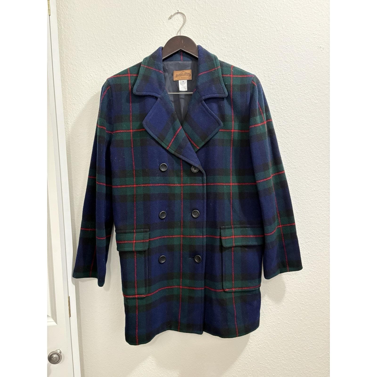 Vintage 1980's Double Breasted Plaid Pendleton Wool Walking Coat Sz Medium USA