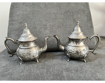 2 Decorative MOROCCAN Hand Made Silverplate Footed Ornate Tea pot Stamped Kettle