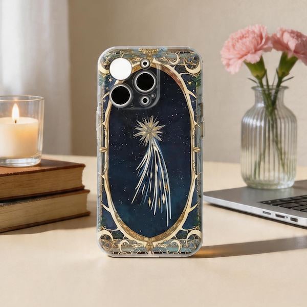 Vintage Komet Handyhülle für iPhone 15 16 17 Pro Max, verzierte Gold Astronomie Hülle, dunkelblaues Space Art Geschenk für Sie