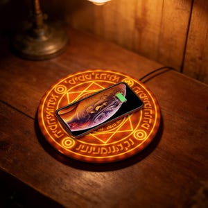 Op de afbeelding: Een ronde, oranje draadloze telefoonlader met een gloeiend geometrisch ontwerp en tekst. Een zwarte smartphone met een oplaadindicator ligt op de lader. De lader staat op een donker houten oppervlak, verlicht door een bureaulamp.