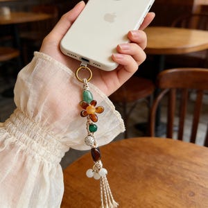 Handcrafted Macrame Boho Flower Bag Charm, Earthy Beaded Phone Lanyard, Cottagecore Amber Floral Keychain, Coastal Granola Gift for Her