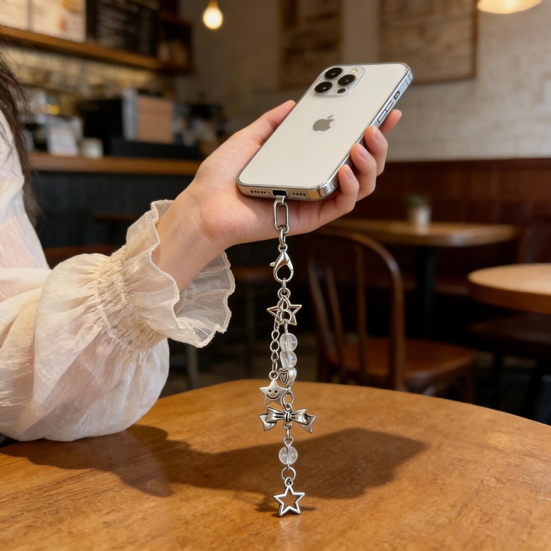 Y2K Coquette Silver Bow Phone Charm, Acubi Smiley Star Keychain, Dainty ...