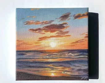 Original Small Sunset Ocean Painting | Acrylic Beach Landscape