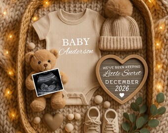 Annuncio di gravidanza digitale modificabile, modello neutro per la presentazione del bambino, annuncio minimalista "Abbiamo tenuto un segreto"