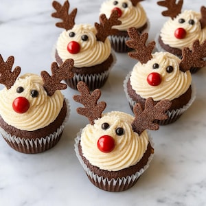 May include: Chocolate cupcakes with vanilla frosting, decorated to resemble reindeer. Each cupcake has brown antler decorations, black candy eyes, and a red candy nose. The cupcakes are in white paper liners.