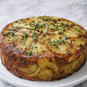 May include: A circular potato bake, golden brown and layered, garnished with fresh herbs. The dish is presented on a white plate. The overall diameter is approximately 20 cm.