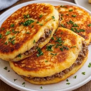 Op de afbeelding: Drie goudbruine aardappelkoeken, gevuld met een hartige vleesmengsel, zijn op een wit bord gerangschikt. Verse groene kruiden zijn eroverheen gestrooid. De koeken hebben een licht knapperige buitenkant en een zachte binnenkant.