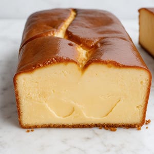 May include: A golden-brown loaf cake with a glossy top and a creamy, pale yellow interior. The cake is cut to reveal its soft texture. The baked good is on a white surface.